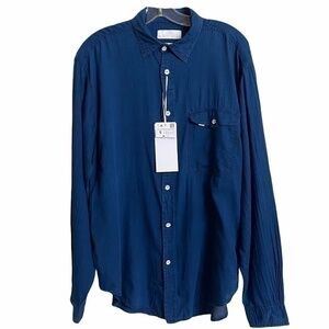 NWT Zara Denim Blue Essentials Button Down Collared Pocket Shirt Mens Size Small